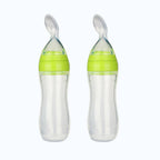 Safe-O-Kid Easy Set of 2 Squeezy Silicone Food Feeder Spoon (Soft Tip) Bottle- Green- 90mL