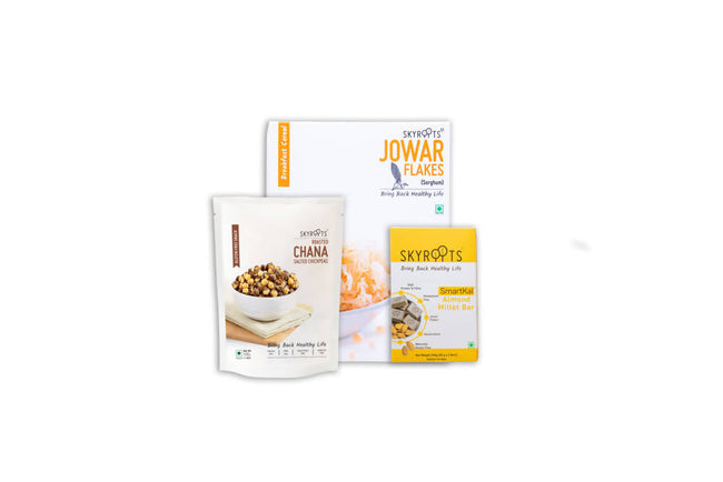 Skyroots Jowar Flakes + Roasted salted Chana + Almond millet bar Hover Image