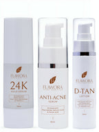 Flawora D-Tan Lotion, Anti Acne Serum And Gold Face Serum Combo