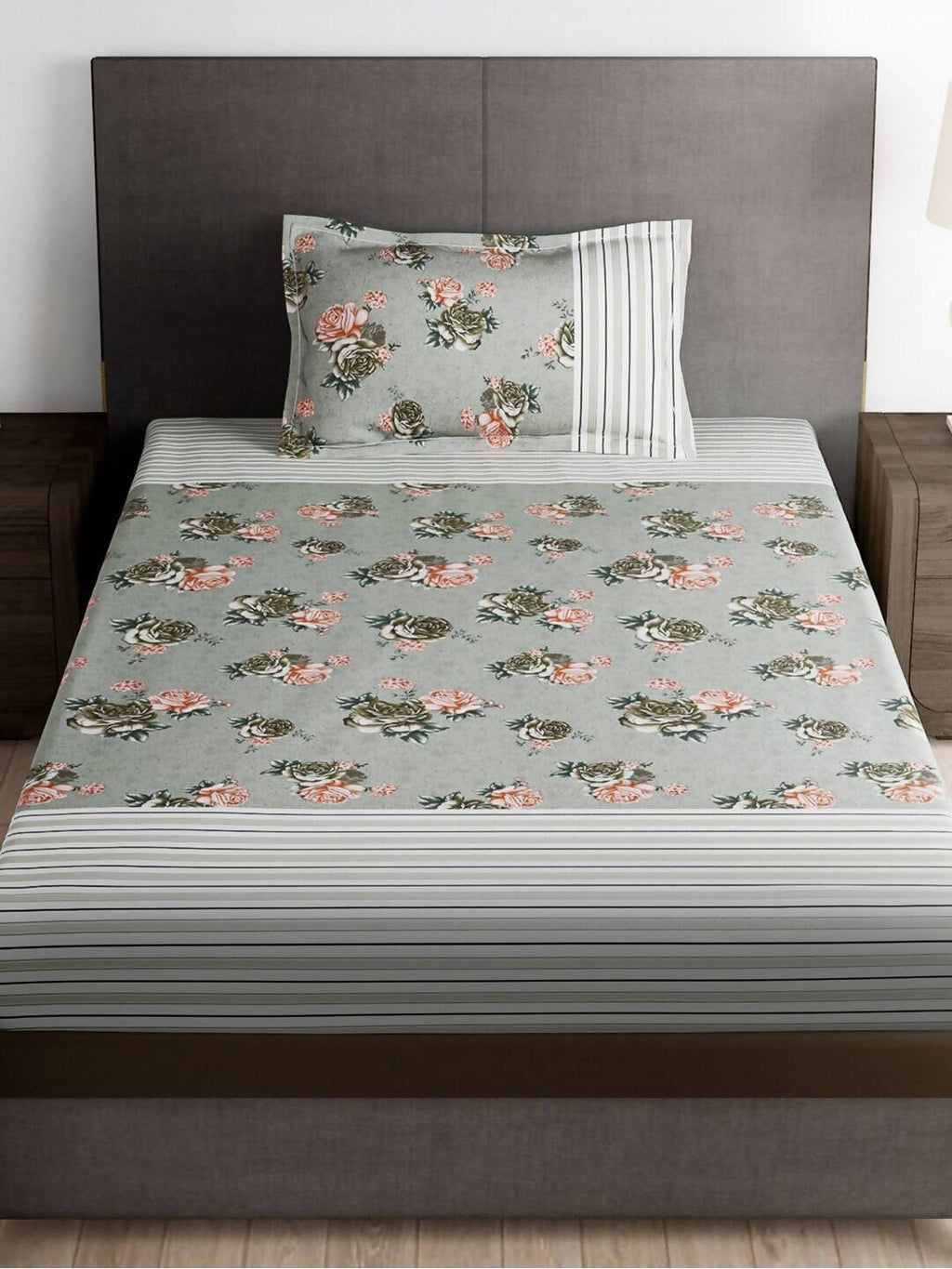 Story@home Arena Grey & Pink Floral Printed 180 TC Bedsheet & Pillow Covers