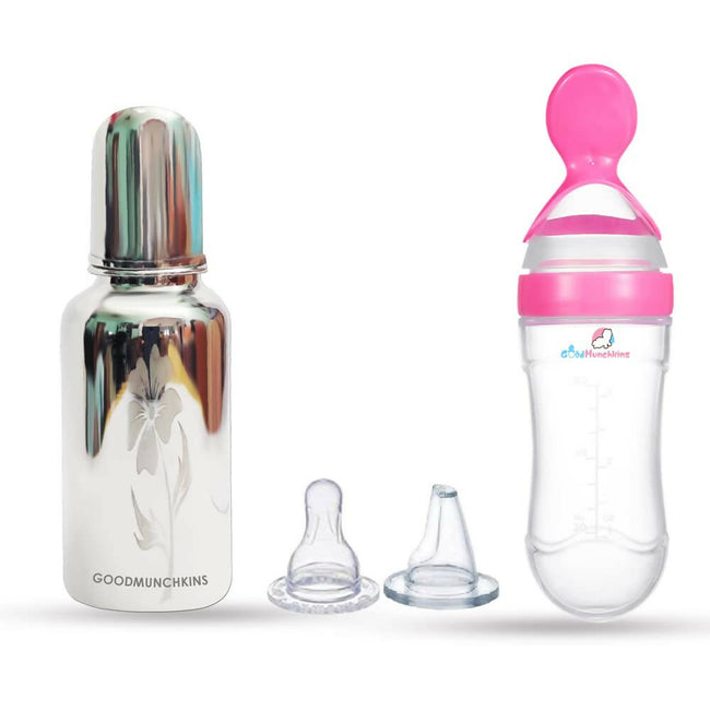Goodmunchkins Stainless Steel Feeding Bottle & Spoon Food Feeder Anti Colic Silicone Nipple Combo-(Pink,220ml) Hover Image