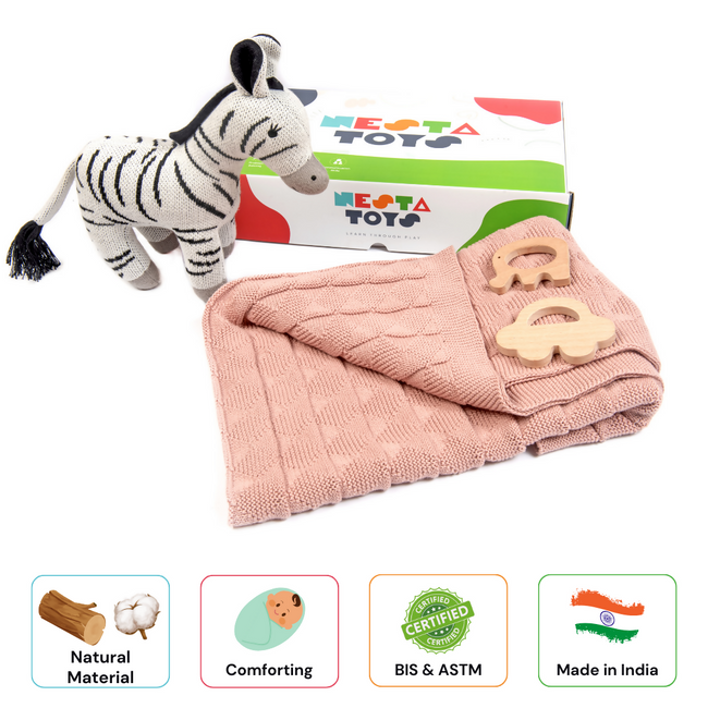 Nesta Toys Newborn Gift Set - Knitted Cotton Blanket, Zebra Plush Toy, Elephant & Car Teether Main Image