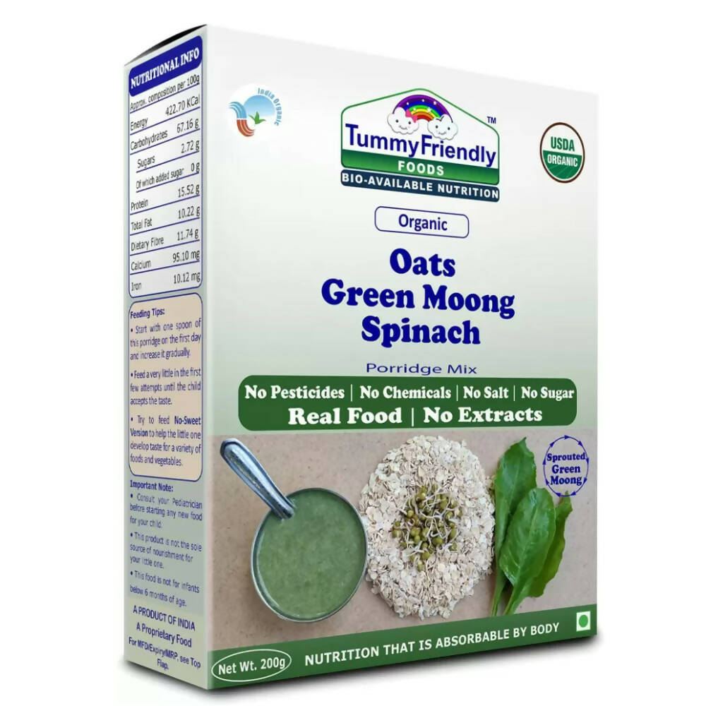 TummyFriendly Foods Certified Organic Oats, Green Moong, Spinach Porridge Mix for 8 Months Old