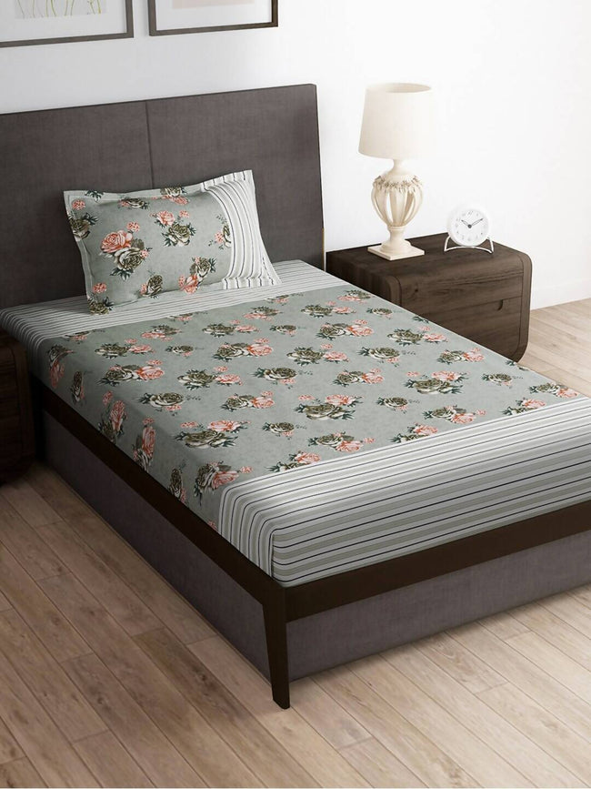 Story@home Arena Grey & Pink Floral Printed 180 TC Bedsheet & Pillow Covers Main Image