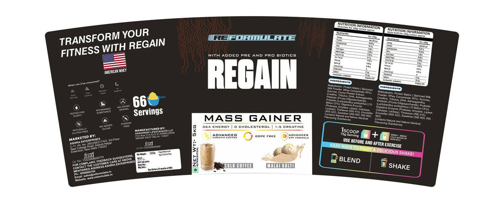 Reformulate Regain I Mass Gainer with Added Pre and Pro Biotics I 364 Energy | 1.5 Creatine - Cold Coffee & Malai Kulfi