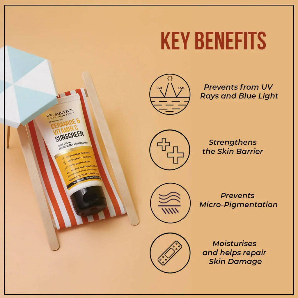 Dr. Sheth's Ceramide & Vitamin C Sunscreen SPF 50+ PA+++ | UVA UVB Protection | All Skin Types