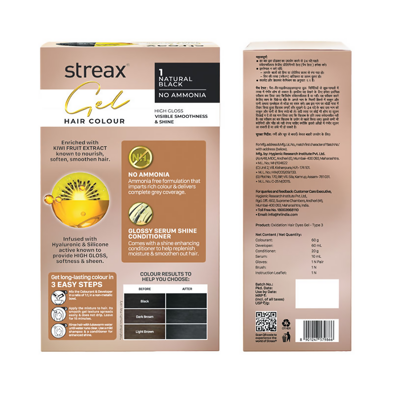 Streax Gel No Ammonia 100% Grey Coverage Hair Color - Natural Black