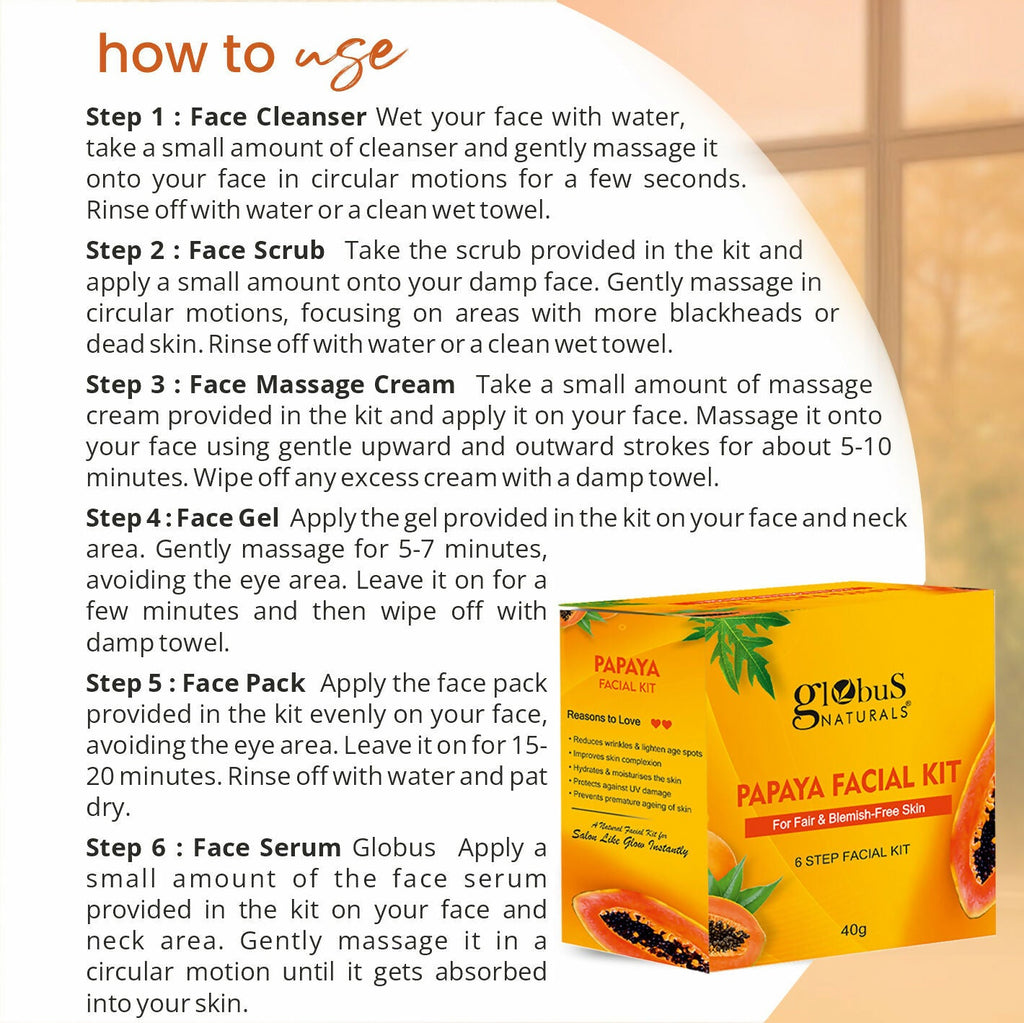 Globus Naturals Papaya Facial Kit For Blemish Free Skin & Anti-Pigmentation, 6 Steps