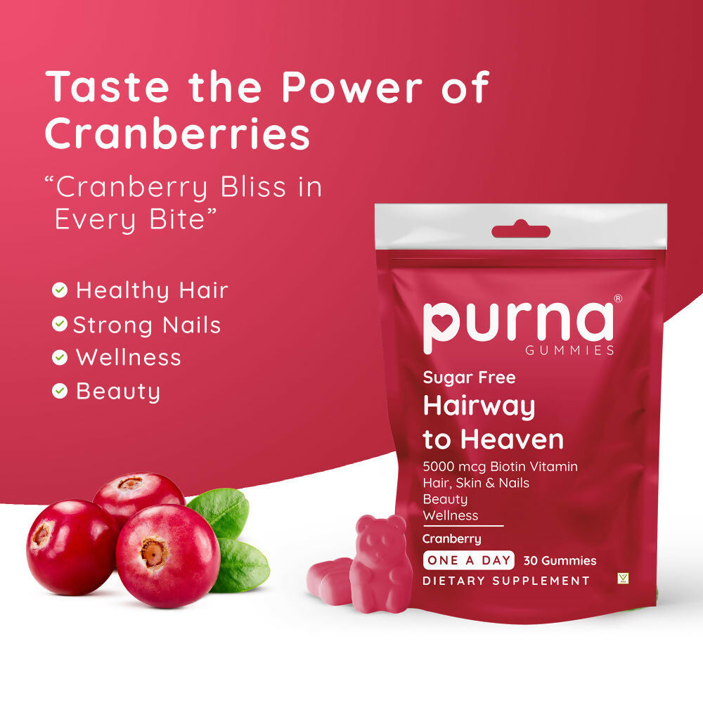 Purna Gummies Hair Biotin Cranberry Sugar Free Gummies with Vitamin B12 for Hair & Nail