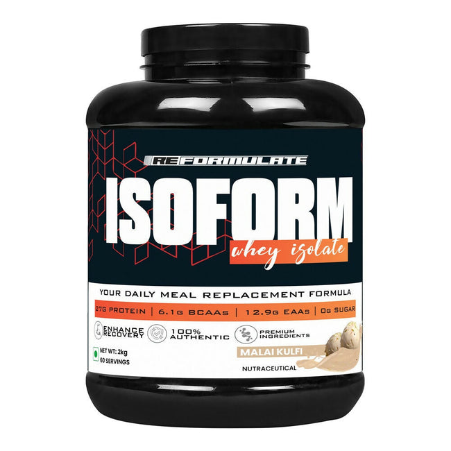 Reformulate I Isoform I Whey Isolate I Your Daily Meal Replacement Formula I 27G Protein | 6.1G BCAA | 12.9G EAA | O g Sugar - Malai Kulfi Hover Image