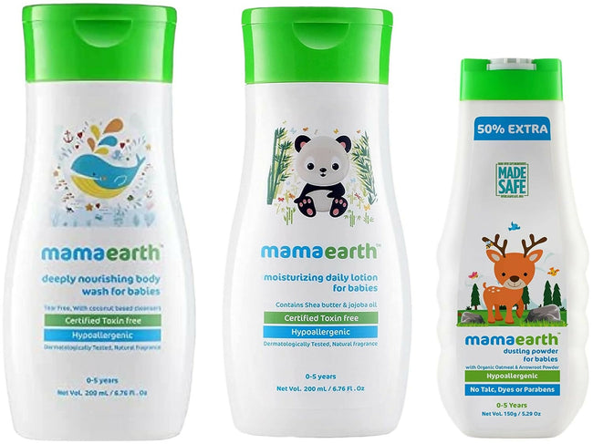 Mamaearth Daily Moisturizing Lotion & Dusting Powder & Deeply Nourishing wash for Babies Hover Image