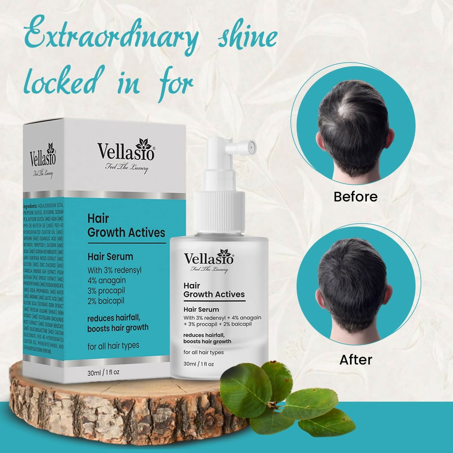 Vellasio Hair Growth Serum Actives - 3% Redensyl, 4% Anagain, 3% Procaoil, 2% Baicapil