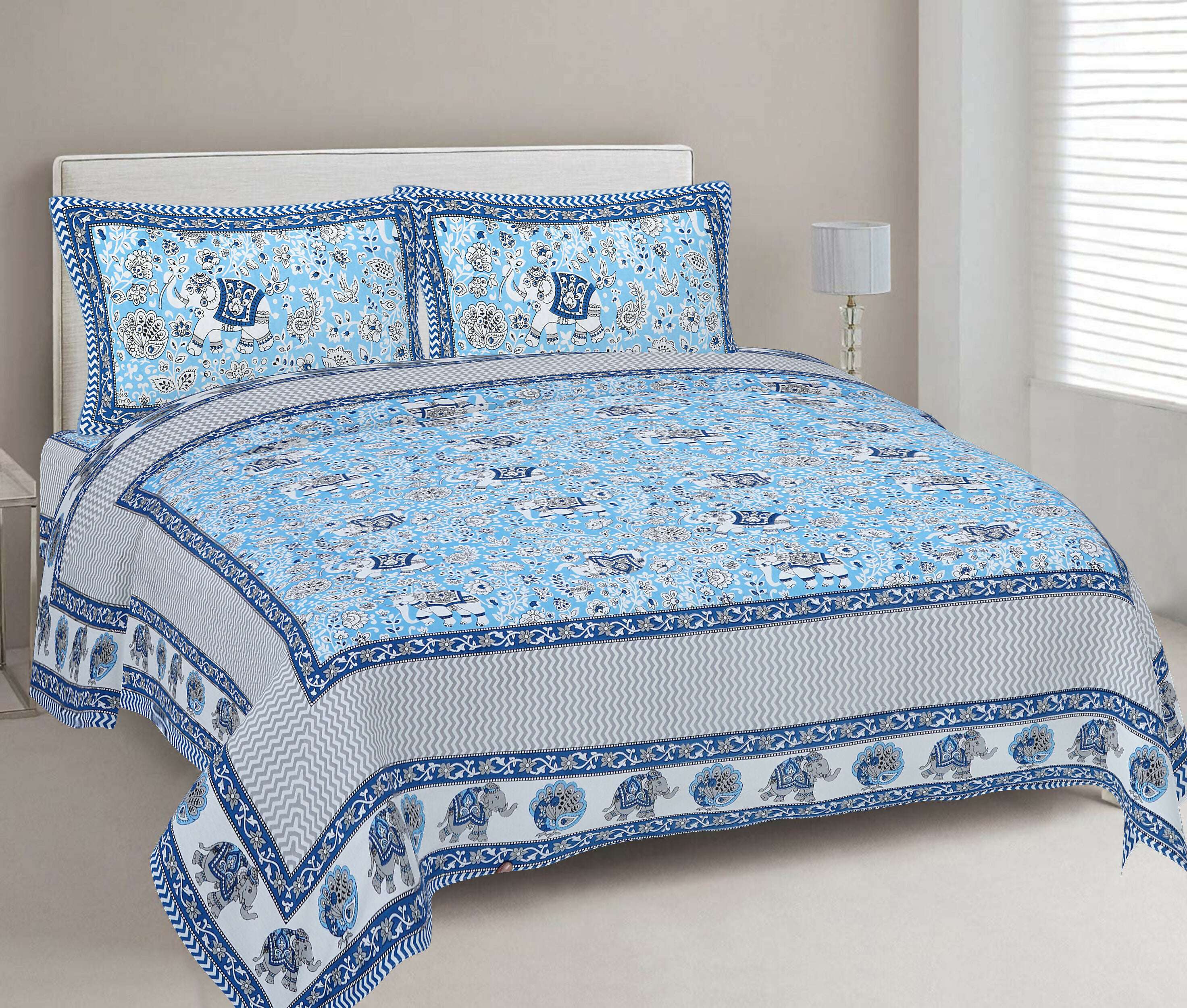 Rudra Bazaar Blue 210 TC Cotton Double King Bedsheet With 2 Pillow Covers