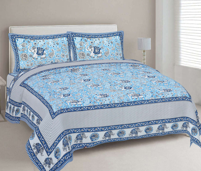 Rudra Bazaar Blue 210 TC Cotton Double King Bedsheet With 2 Pillow Covers Hover Image