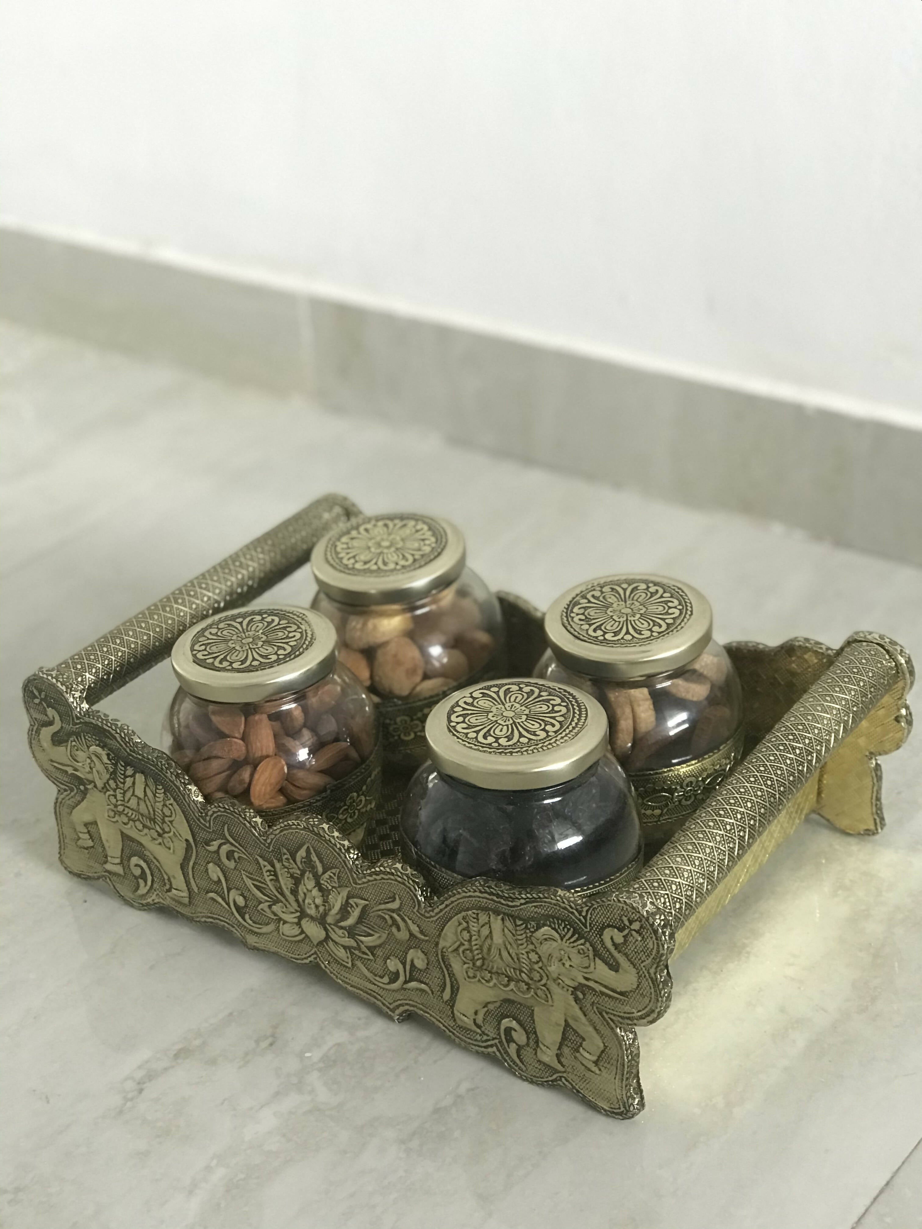 SK Mithaii | Assorted 4 Designed Jar Dry Fruit Tray | Almonds | Apricots | Figs | Black Resins