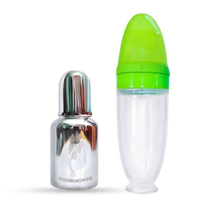Goodmunchkins Stainless Steel Feeding Bottle With Spoon Food Feeder for Baby Anti Colic Silicon Nipple Feeder 150 ml Combo Pack-Green Main Image
