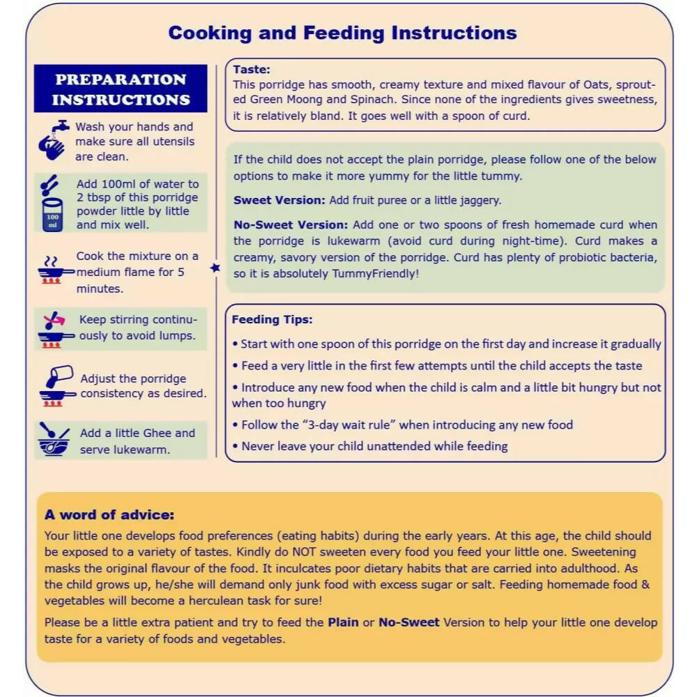 TummyFriendly Foods Certified Organic Oats, Green Moong, Spinach Porridge Mix for 8 Months Old