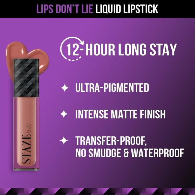 Staze 9to9 Lips Don't Lie Matte + Transferproof Liquid Lipstick - 12 Nude Spice Main Image