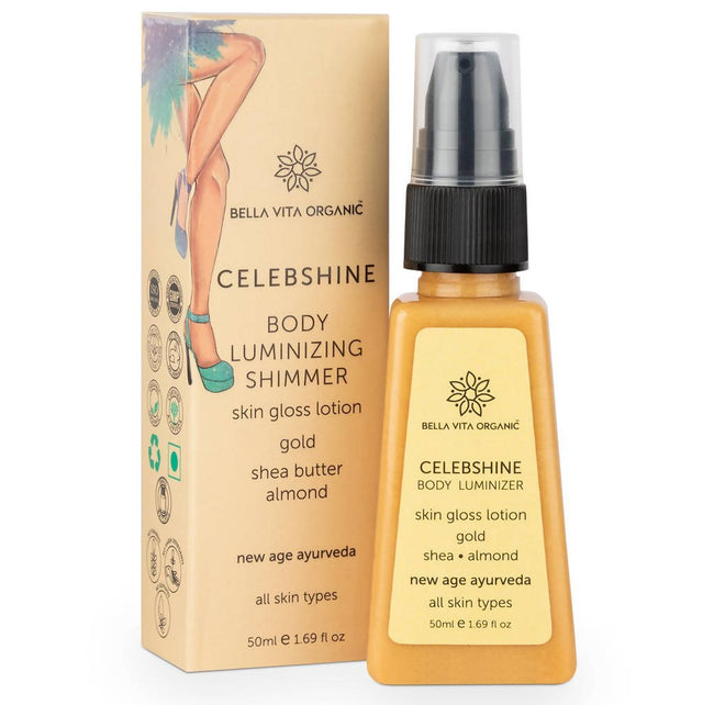 Bella Vita Organic Celeb Shine Body Luminizing Shimmer skin Gloss Lotion Gold Shea Butter Almond Hover Image
