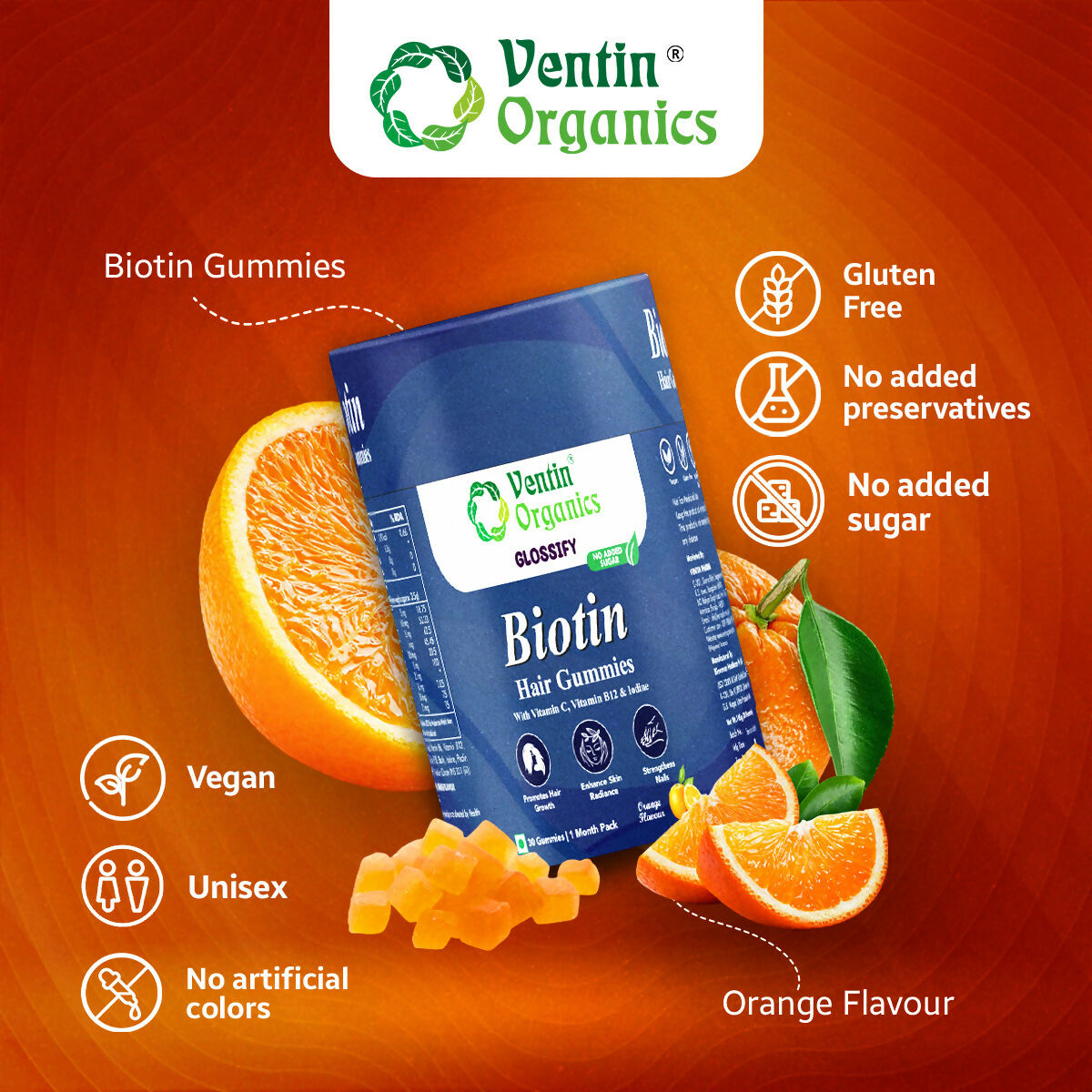 Ventin Organics Glossify Biotin Hair, Skin & Nails Gummies