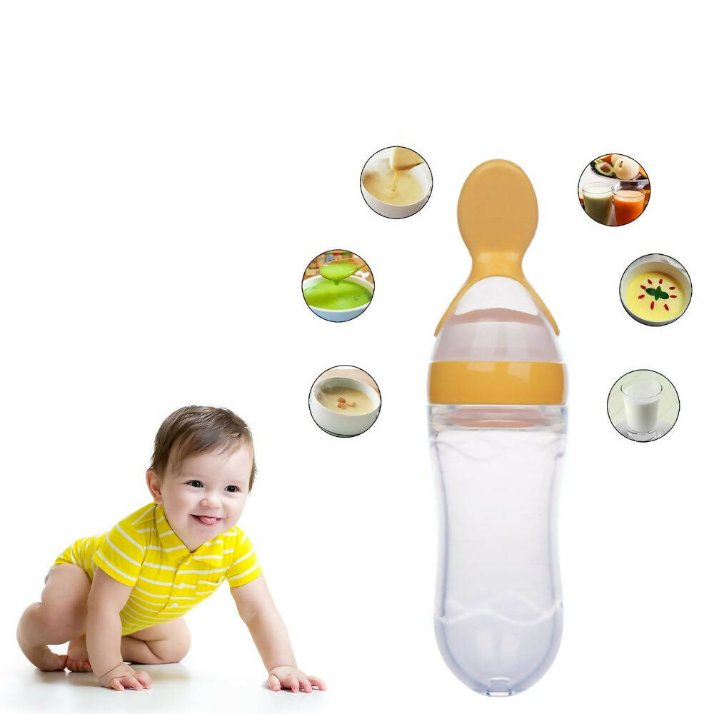 Safe-O-Kid Easy Set of 2 Squeezy Silicone Food Feeder Spoon (Soft Tip) Bottle- Yellow- 90mL