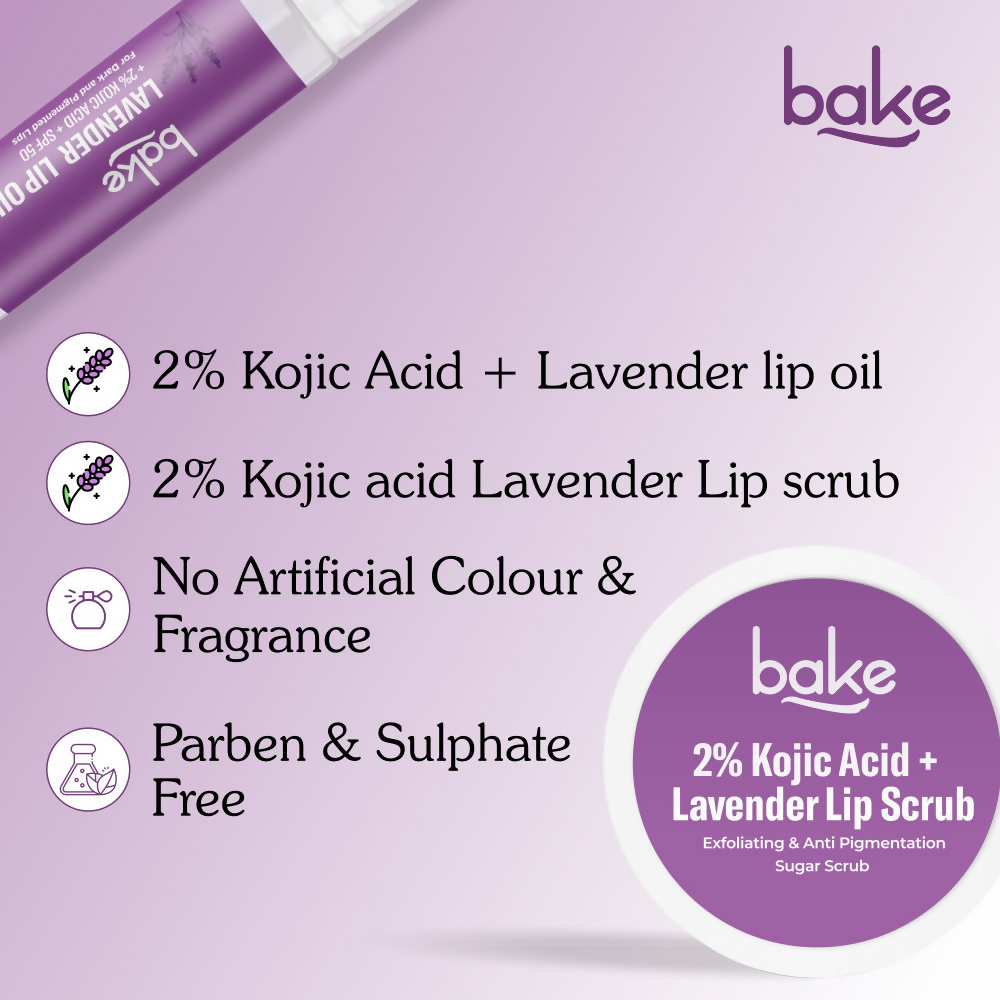 Bake Kojic Acid Lavender Lip Kit With Lip Balm SPF 50 & Lip Scrub For Dark & Pigmented Lips