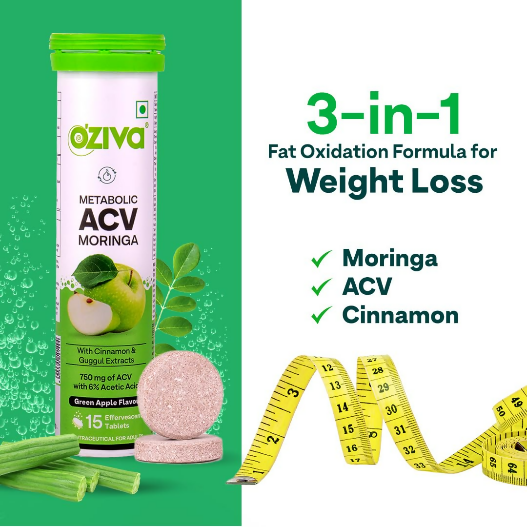OZiva ACV Moringa For Weight Loss 3-in-1 Fat Oxidation Formula Tablets - Green Apple Flavor
