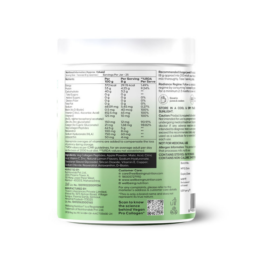 Wellbeing Nutrition Vegan Pro Collagen Hyaluronic Acid Skin & Hair Lemon Lime Flavour