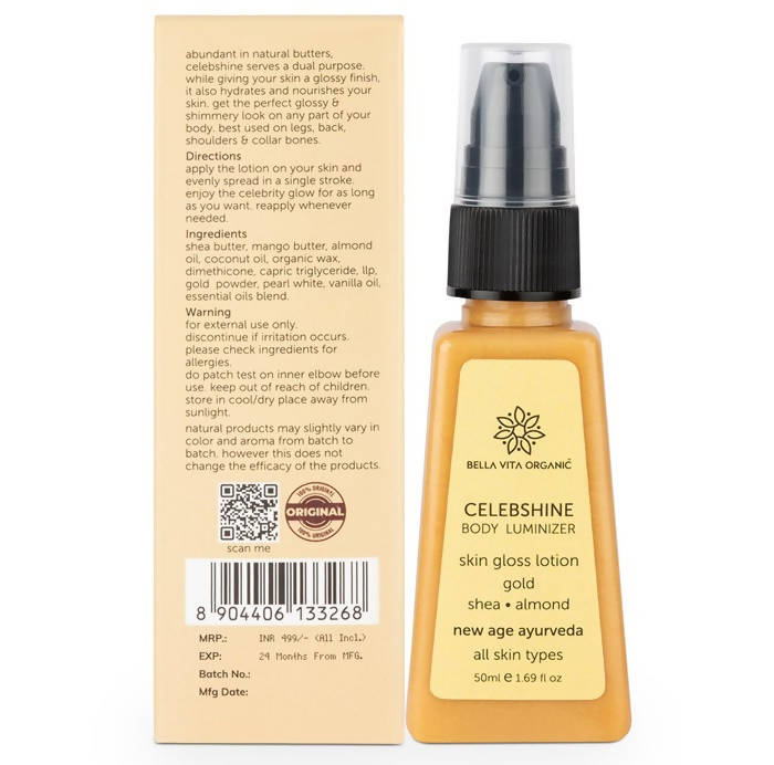 Bella Vita Organic Celeb Shine Body Luminizing Shimmer skin Gloss Lotion Gold Shea Butter Almond