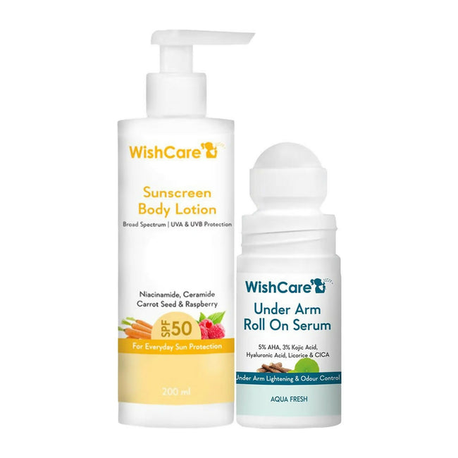 Wishcare Sunscreen Body Lotion SPF 50 + Aqua Fresh Under Arm Roll On Serum Combo Hover Image