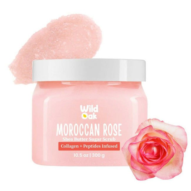 Wild Oak Moroccan Rose Shea Butter Sugar Scrub with Vegan Collagen & Peptides For Tan Removal & Smooth Skin Hover Image