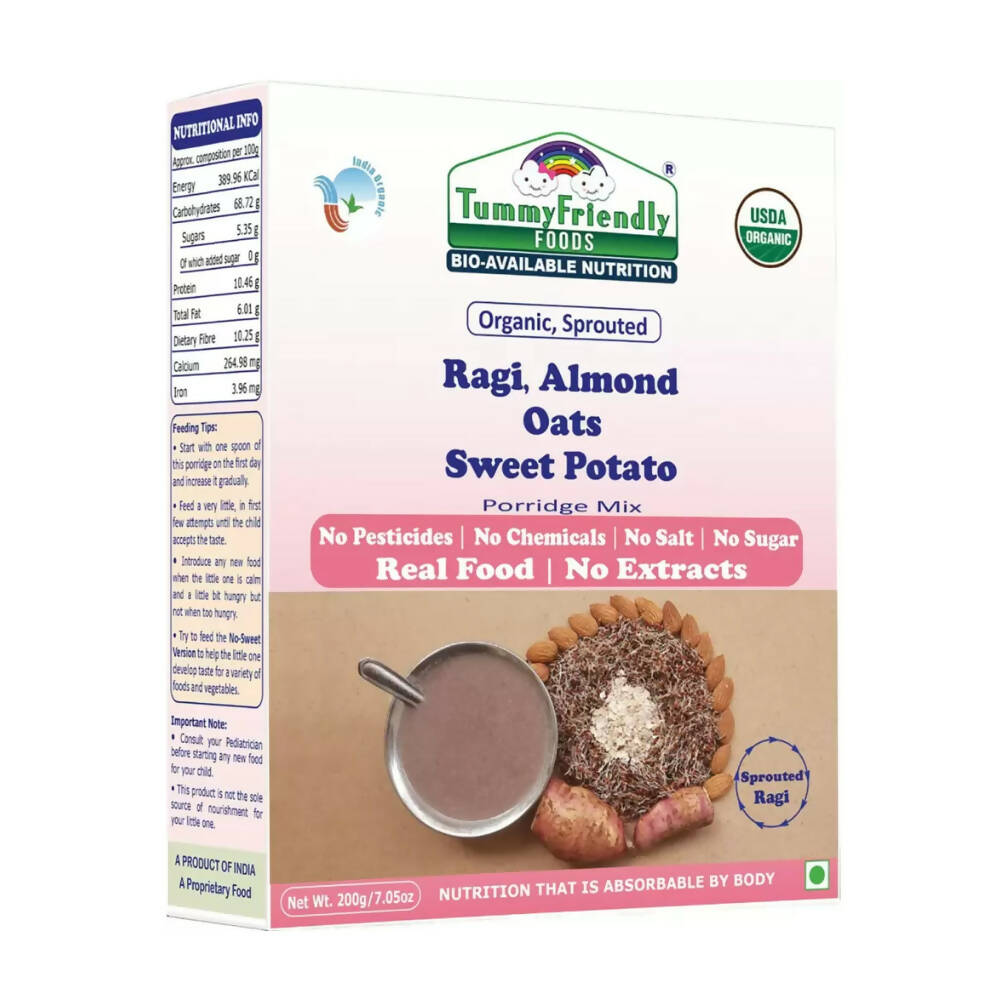 TummyFriendly Foods Certified Organic Sprouted Ragi, Almond, Oats, Sweet Potato Porridge Mix