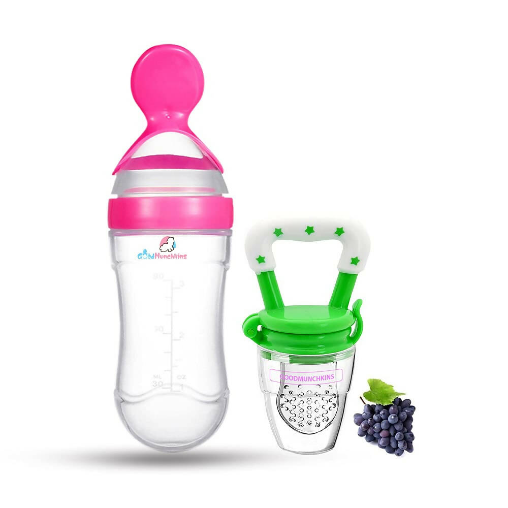 Goodmunchkins Silicone Spoon Food Feeder & Fruit Feeder for Toddlers Food Grade Silicone Bottle 90ml-Pink