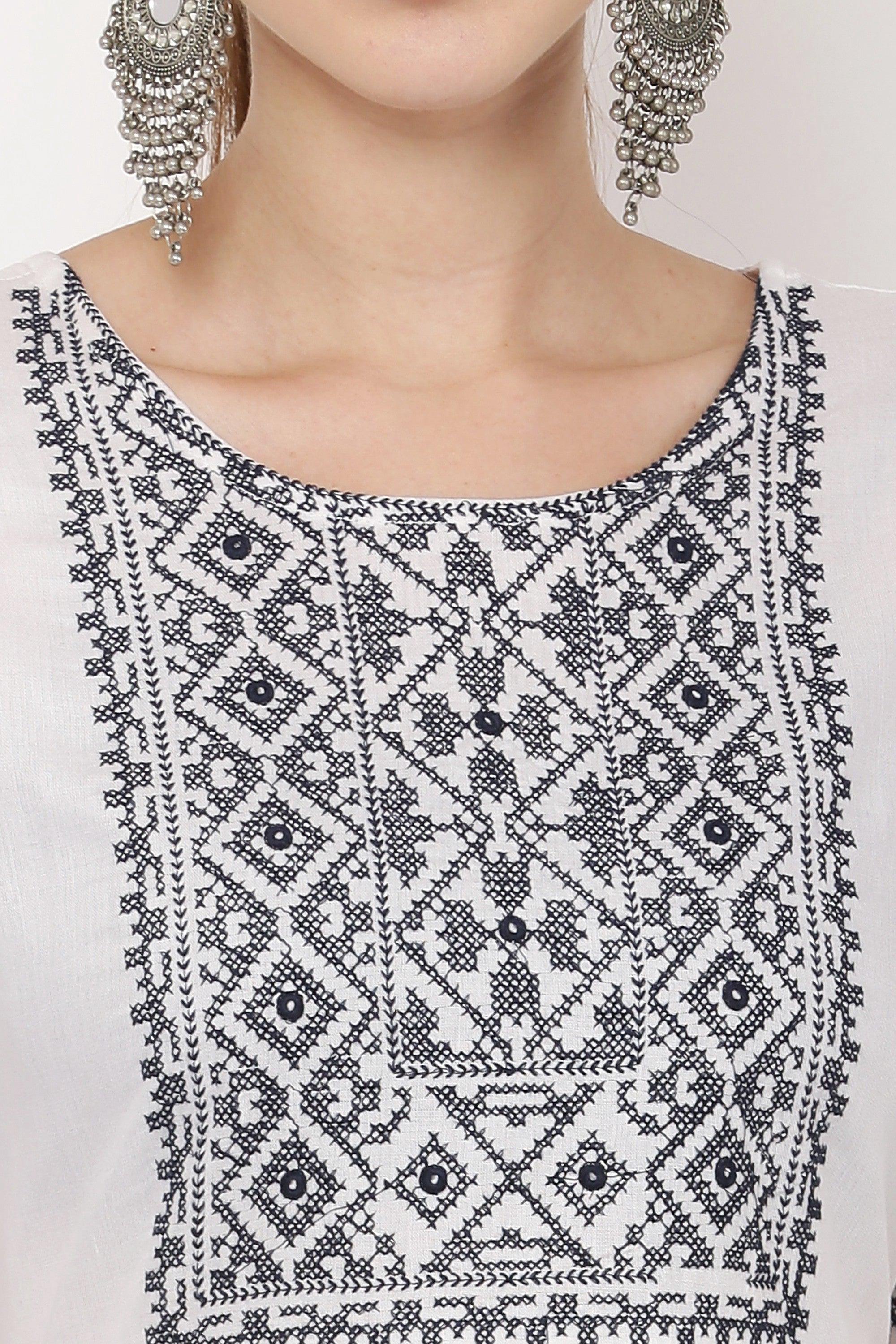 PAVONINE White Color Burfi Design Embroidery Dress For Women