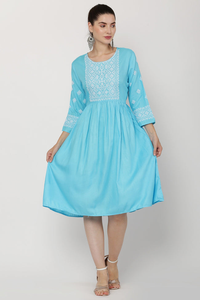 PAVONINE Firozi Color Burfi Design Embroidery Dress For Women Hover Image