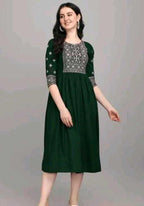 PAVONINE Bottle Green Color Burfi Design Embroidery Dress For Women