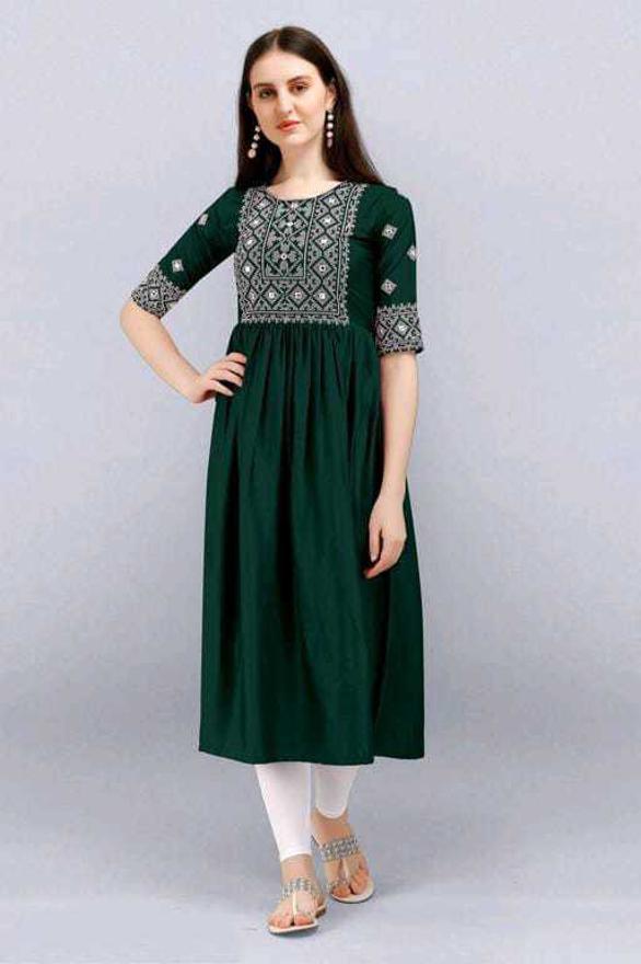 PAVONINE Bottle Green Color Burfi Design Embroidery Dress For Women