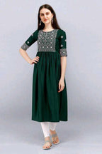 PAVONINE Bottle Green Color Burfi Design Embroidery Dress For Women