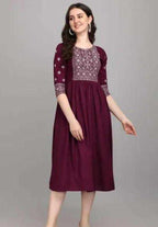 PAVONINE Wine Color Burfi-Design Embroidery Dress For Women