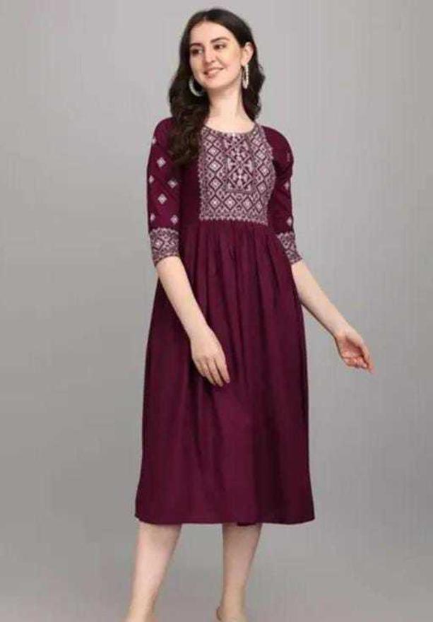 PAVONINE Wine Color Burfi-Design Embroidery Dress For Women Hover Image