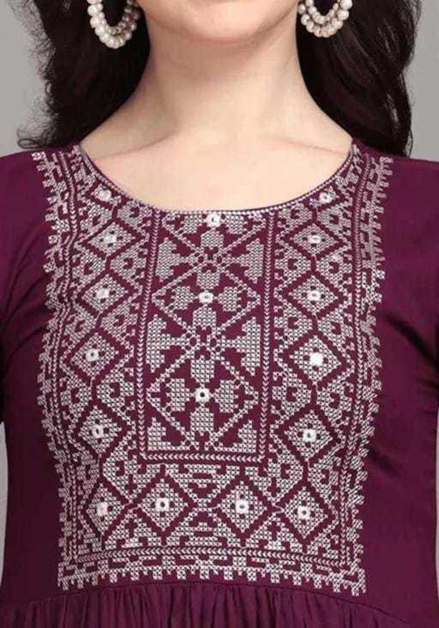 PAVONINE Wine Color Burfi-Design Embroidery Dress For Women