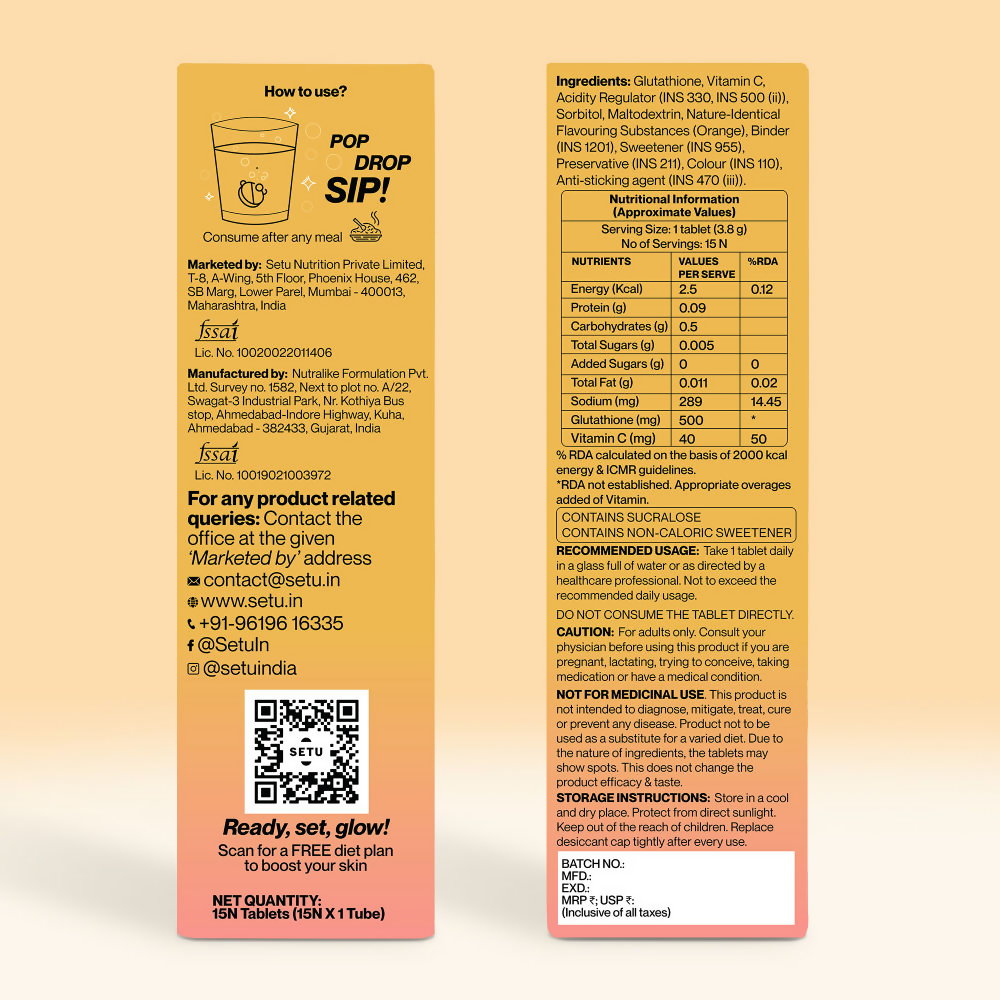 Setu Skin Renew Glutathione With Vitamin C Effervescent Tablets - Orange Flavor