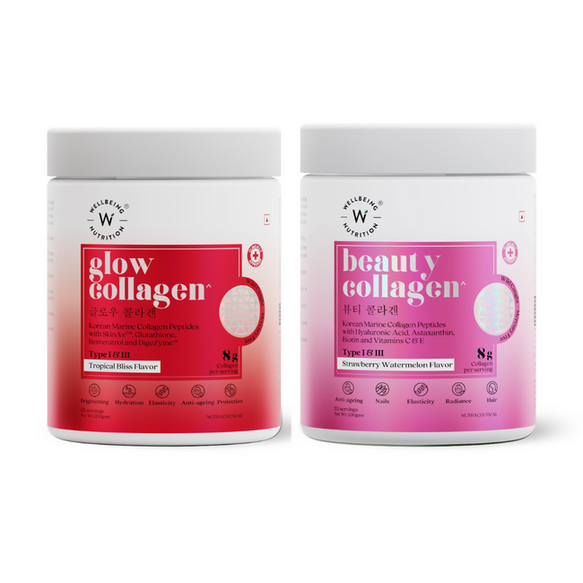 Wellbeing Nutrition Glow Korean Marine & Beauty Collagen Peptides Combo: Tropical Bliss & Strawberry & Watermelon Hover Image