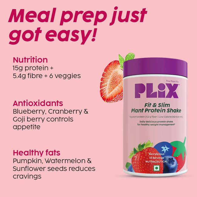 PLIX The Plant Fix Fit & Slim Smoothie Plant Protein Shake Powder - Strawberry Main Image