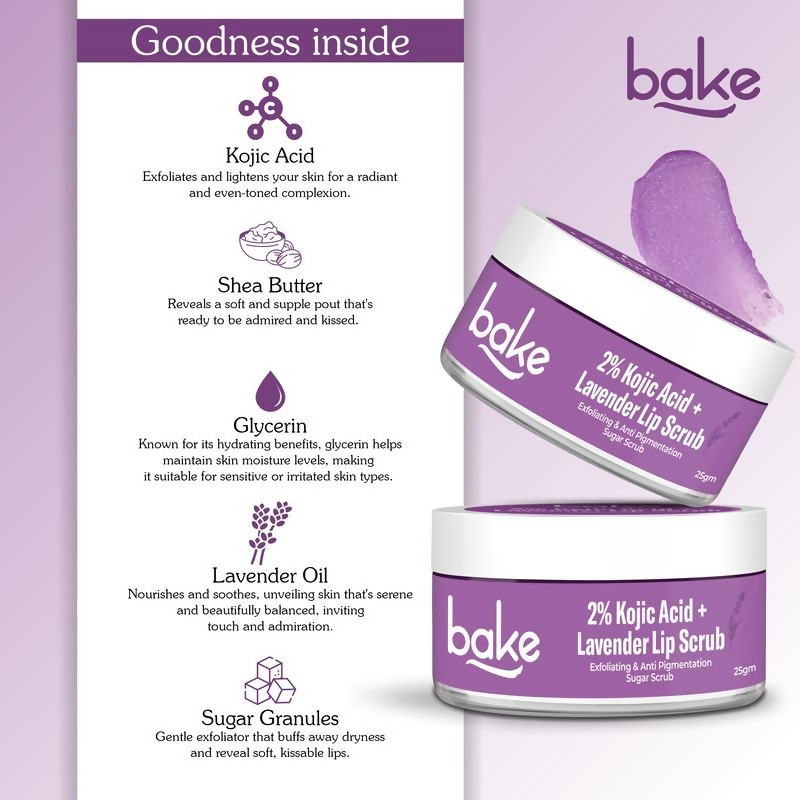 Bake 2% Kojic Acid Lavender Lip Scrub For Dark Lips & Pigmentation
