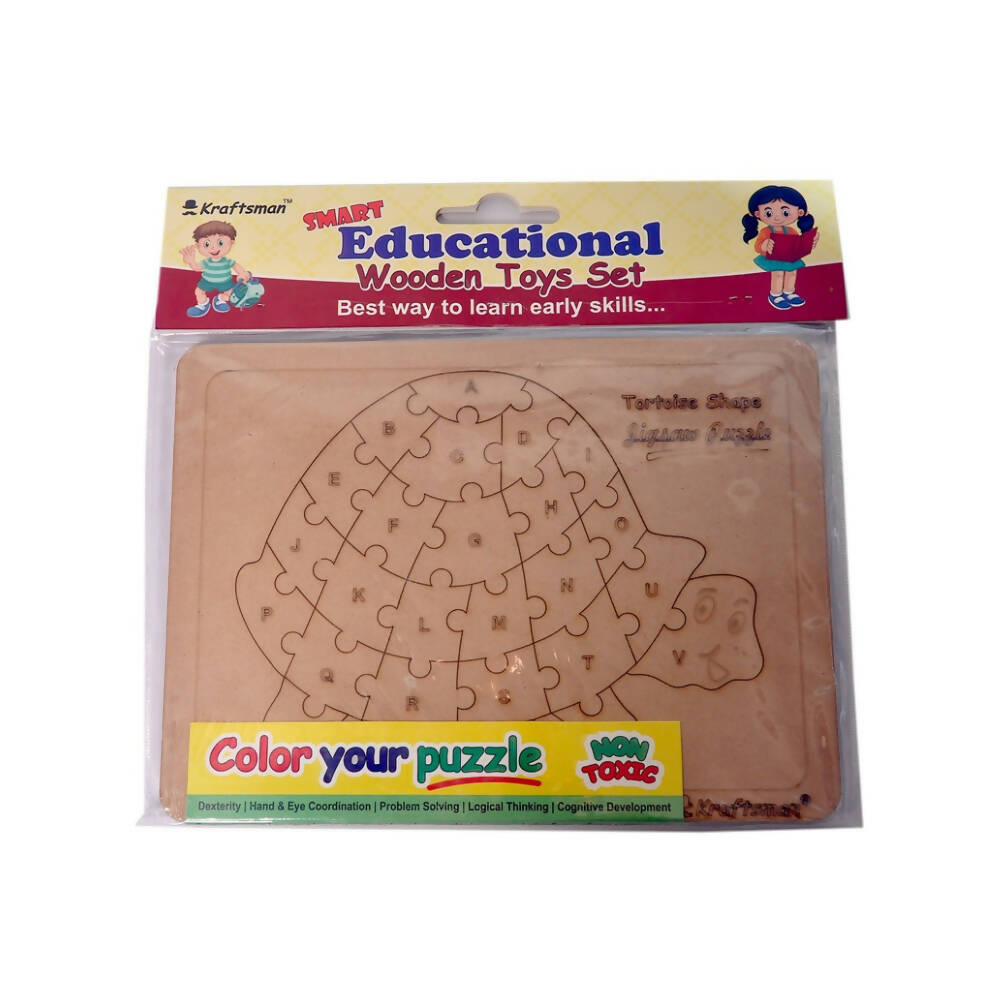 Kraftsman English Alphabets Wooden Jigsaw Puzzles Tortoise Shape Puzzle | Color Kit Included