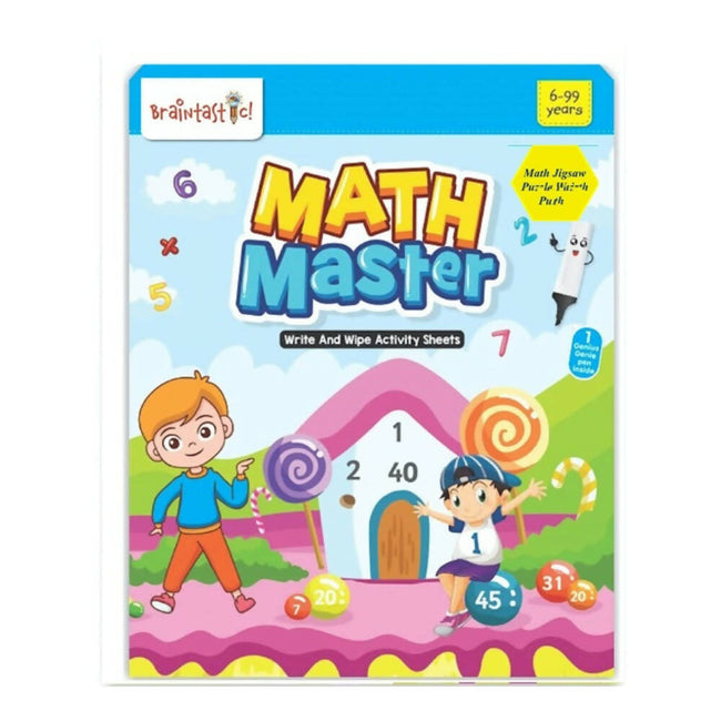 Braintastic Educational Game: Math Master (6-99 Years) Write & Wipe Reusable Activity Sheets with Free Puzzle for Kids Hover Image