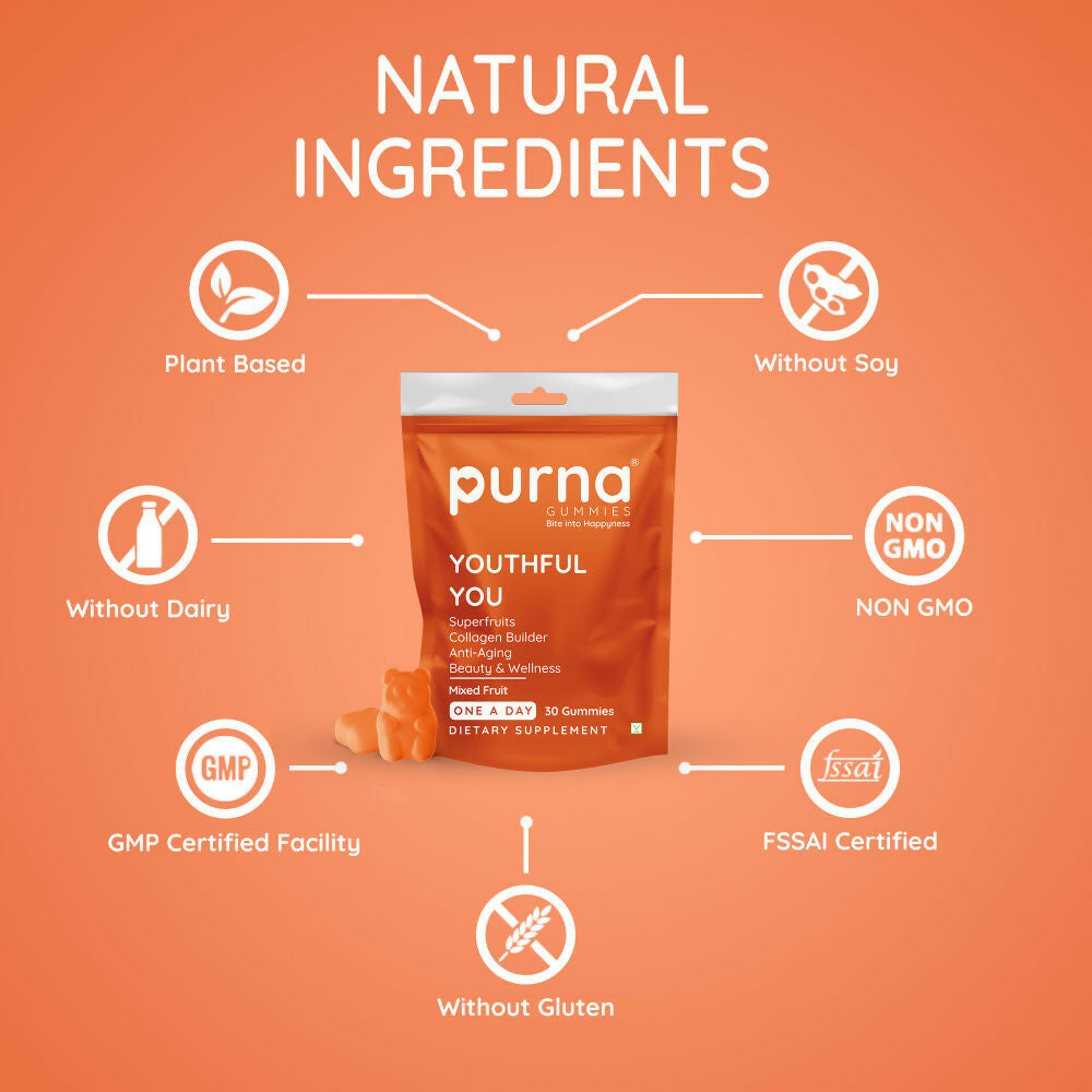 Purna Gummies Superfruits Collagen Mixed Fruit Flavour Gummies for Hair and Skin