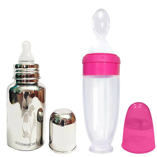 Goodmunchkins Stainless Steel Feeding Bottle With Spoon Food Feeder for Baby Anti Colic Silicon Nipple Feeder 220 ml Combo Pack-Pink Hover Image