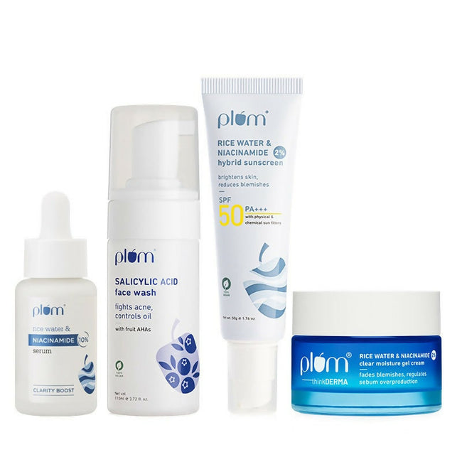 Plum Bright & Clear Skin CSMS (Cleanser, Serum, Moisturizer, Sunscreen) Combo With Niacinamide & Salicylic Acid Hover Image